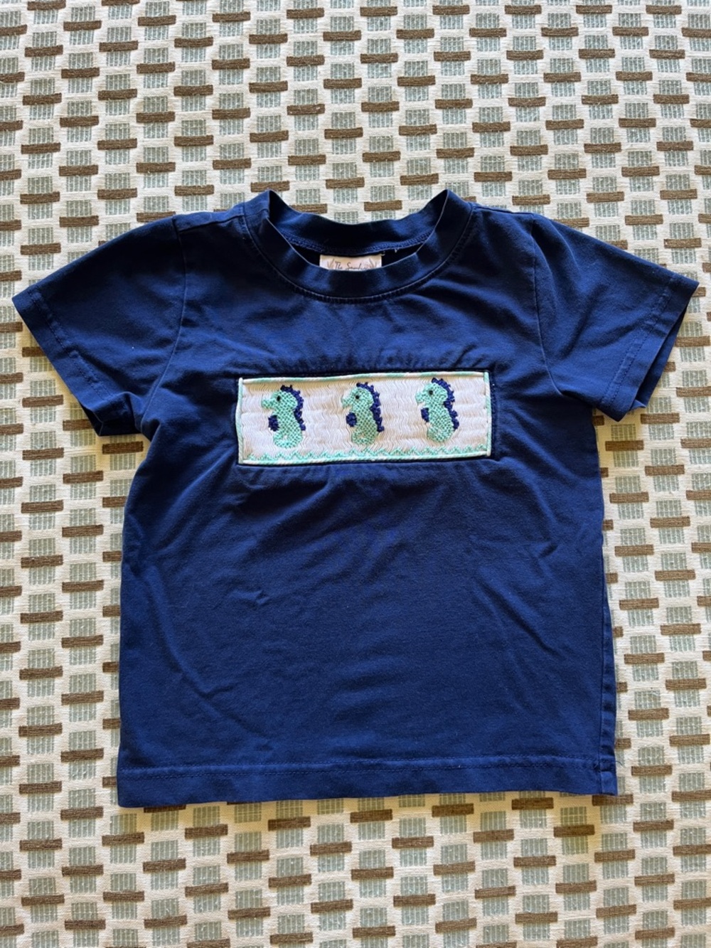 Navy Smocked Kids Seahorse Short Sleeve Tee - size 3